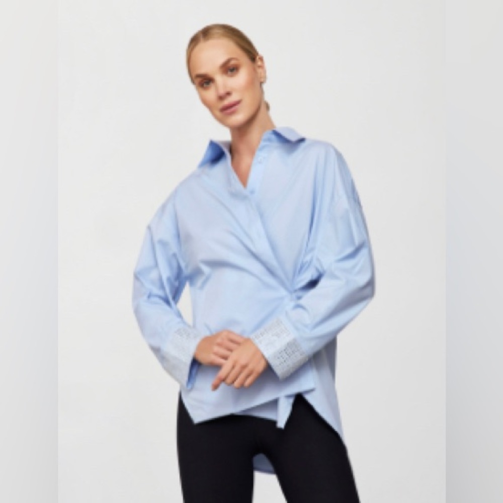 NWT Oversized Blue Button Up with Rhinestone Cuffs, Size M